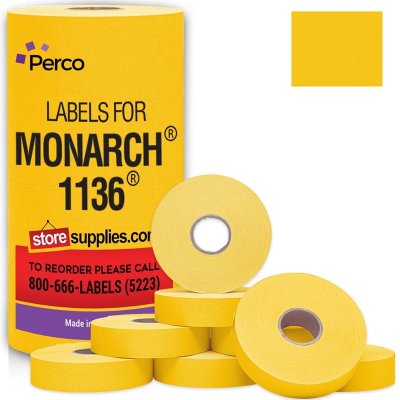 Perco Yellow Pricing Labels for Monarch 1136 Price Gun - 1 Sleeve, 8 Rolls, 14,000 Price Marking Labels - with Ink Roll Included - Image 1